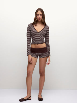 Striped V-neck Long Sleeve Top & Low Rise Shorts Loungewear Set