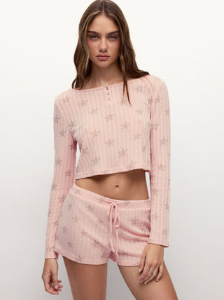 Textured Star Graphic Crop Top & Mid Rise Drawstring Shorts Loungewear Set