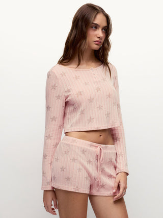 Textured Star Graphic Crop Top & Mid Rise Drawstring Shorts Loungewear Set