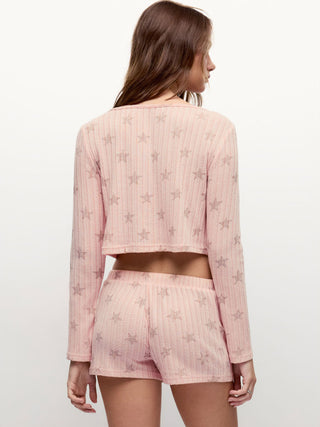 Textured Star Graphic Crop Top & Mid Rise Drawstring Shorts Loungewear Set