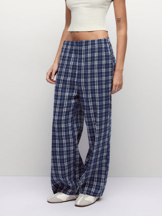 Cotton-blend Graphic Tee & Mid Rise Plaid Wide Leg Trousers Loungewear Set