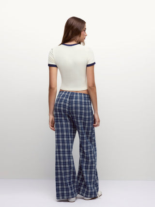 Cotton-blend Graphic Tee & Mid Rise Plaid Wide Leg Trousers Loungewear Set