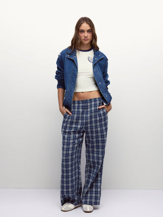 Cotton-blend Graphic Tee & Mid Rise Plaid Wide Leg Trousers Loungewear Set