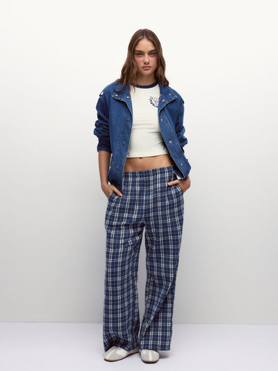 Cotton-blend Graphic Tee & Mid Rise Plaid Wide Leg Trousers Loungewear Set