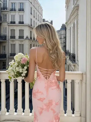 Floral Lace Up Appliques Backless Maxi Dress