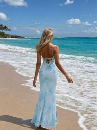 Floral Lace Up Appliques Backless Maxi Dress