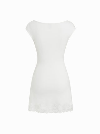 Cotton-blend Boat Neck Ruched Lace Panel A-line Mini Dress