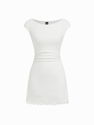 Cotton-blend Boat Neck Ruched Lace Panel A-line Mini Dress