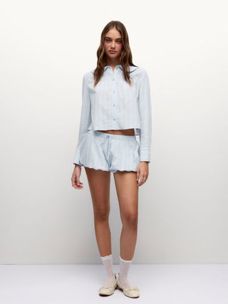 Cotton Long Sleeve Peter Pan Collar Top & Mid Rise Bubble Shorts Loungewear Set