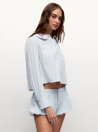 Cotton Long Sleeve Peter Pan Collar Top & Mid Rise Bubble Shorts Loungewear Set