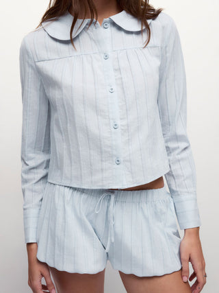 Cotton Long Sleeve Peter Pan Collar Top & Mid Rise Bubble Shorts Loungewear Set