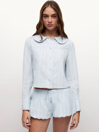 Cotton Long Sleeve Peter Pan Collar Top & Mid Rise Bubble Shorts Loungewear Set