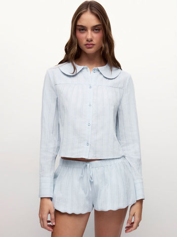 Cotton Long Sleeve Peter Pan Collar Top & Mid Rise Bubble Shorts Loungewear Set