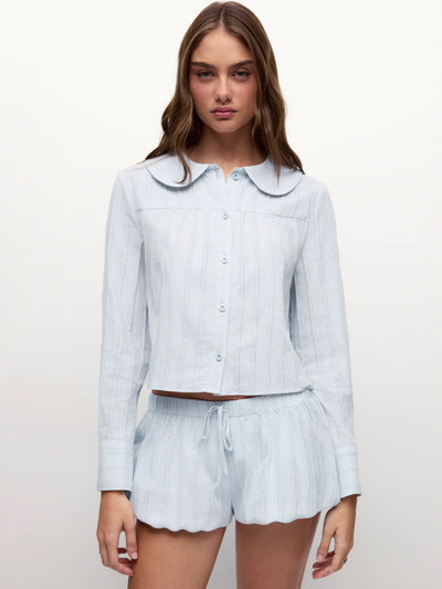 Cotton Long Sleeve Peter Pan Collar Top & Mid Rise Bubble Shorts Loungewear Set