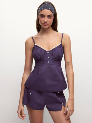 Cotton Color-block Square Neck Shirred Cami & Mid Rise Wide Leg Loungewear Set