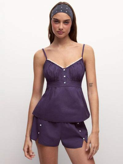 Cotton Color-block Square Neck Shirred Cami & Mid Rise Wide Leg Loungewear Set