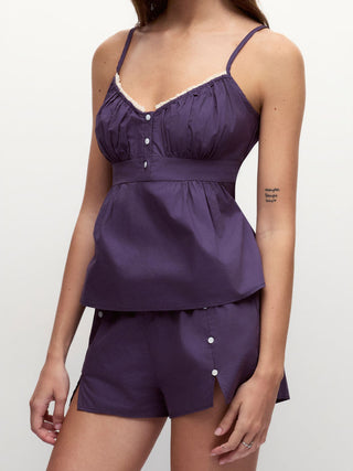 Cotton Color-block Square Neck Shirred Cami & Mid Rise Wide Leg Loungewear Set