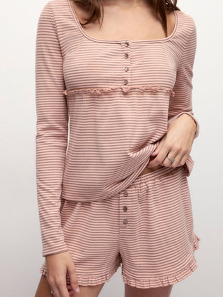 Stripe Long Sleeve U-neckline Ruffle Top & Mid Rise Wide Leg Trousers Loungewear Set