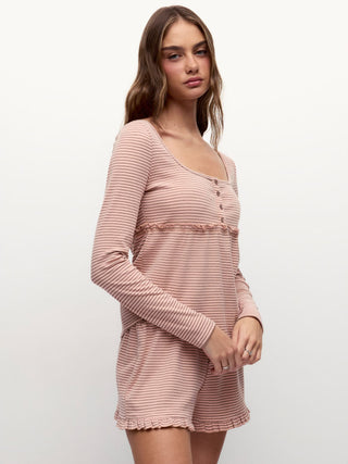 Stripe Long Sleeve U-neckline Ruffle Top & Mid Rise Wide Leg Trousers Loungewear Set