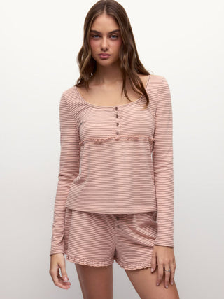 Stripe Long Sleeve U-neckline Ruffle Top & Mid Rise Wide Leg Trousers Loungewear Set