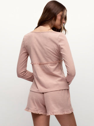 Stripe Long Sleeve U-neckline Ruffle Top & Mid Rise Wide Leg Trousers Loungewear Set