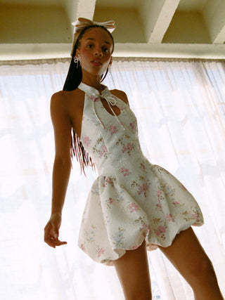 Jacquard Floral Halter Neckline Bowknot Bubble Hem Mini Dress