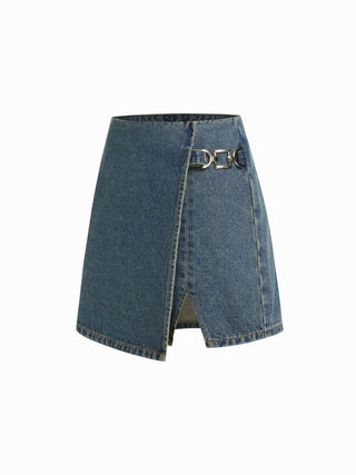 Denim Mid Waist Split Mini Skort