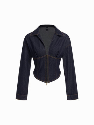 Denim Collar Solid Corset Zipper Jacket
