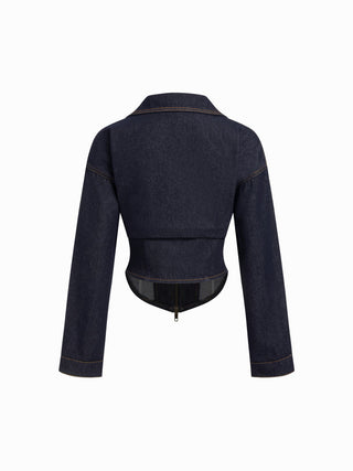 Denim Collar Solid Corset Zipper Jacket