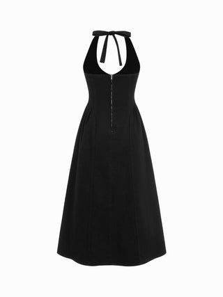 Stretch Denim Halter Neckline Washed A-line Maxi Dress