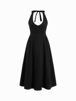 Stretch Denim Halter Neckline Washed A-line Maxi Dress