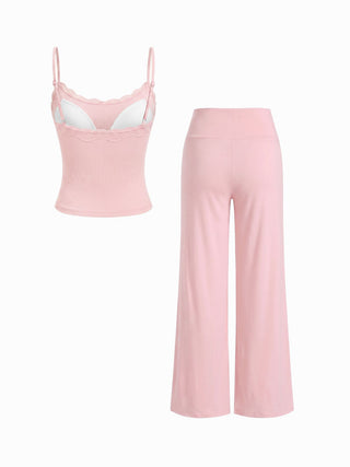 Built-in Bra Square Neck Lace Trim Cami Top & Mid Rise Straight Leg Trousers Loungewear Set