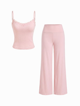 Built-in Bra Square Neck Lace Trim Cami Top & Mid Rise Straight Leg Trousers Loungewear Set