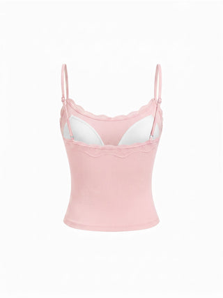Built-in Bra Square Neck Lace Trim Cami Top & Mid Rise Straight Leg Trousers Loungewear Set