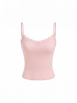 Built-in Bra Square Neck Lace Trim Cami Top & Mid Rise Straight Leg Trousers Loungewear Set