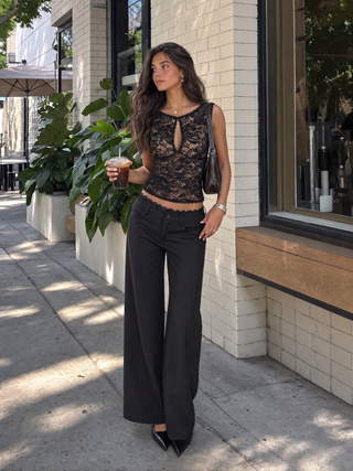 Lace Trimmed Low Rise Wide Leg Trousers