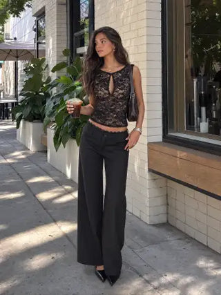Lace Trimmed Low Rise Wide Leg Trousers