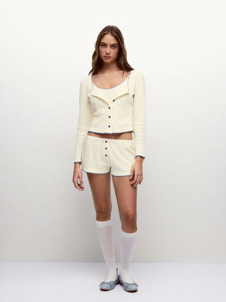 Cotton Jacquard U-neckline Scallop Top & Mid Rise Wide Leg Shorts Loungewear Set
