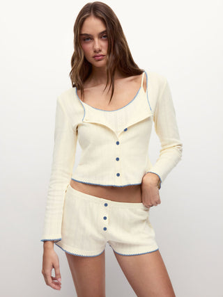 Cotton Jacquard U-neckline Scallop Top & Mid Rise Wide Leg Shorts Loungewear Set