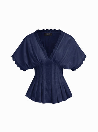 Cotton V-neck Broderie Anglaise Pleated Shirred Short Sleeve Blouse