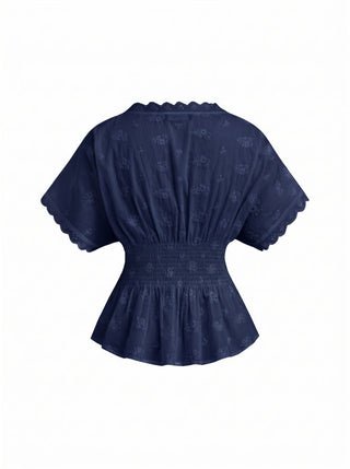 Cotton V-neck Broderie Anglaise Pleated Shirred Short Sleeve Blouse