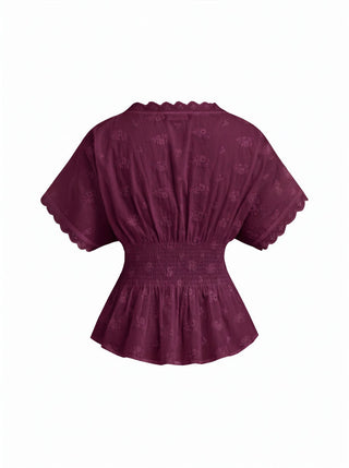 Cotton V-neck Broderie Anglaise Pleated Shirred Short Sleeve Blouse