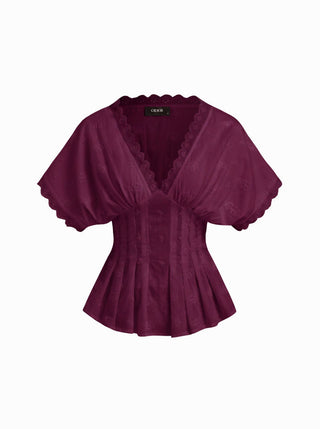 Cotton V-neck Broderie Anglaise Pleated Shirred Short Sleeve Blouse