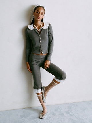 Cotton-blend Color-block Peter Pan Collar Top & Low Rise Capri Pants Set