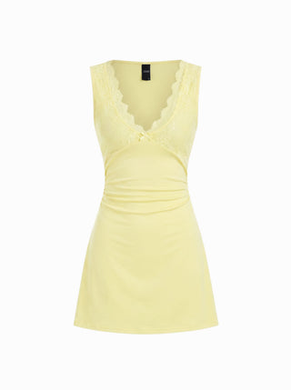 Cotton-blend V-neck Lace Trim A-line Mini Dress
