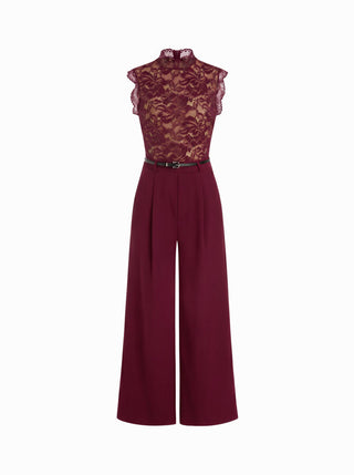 Lace Stand Collar Mid Rise Wide Leg Jumpsuit With Belt