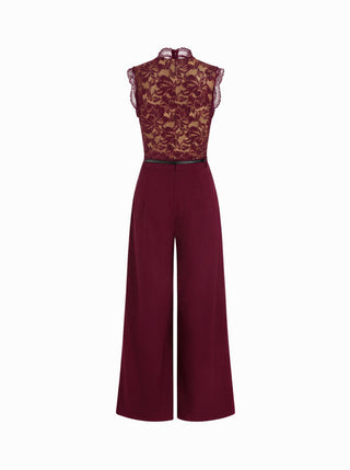 Lace Stand Collar Mid Rise Wide Leg Jumpsuit With Belt