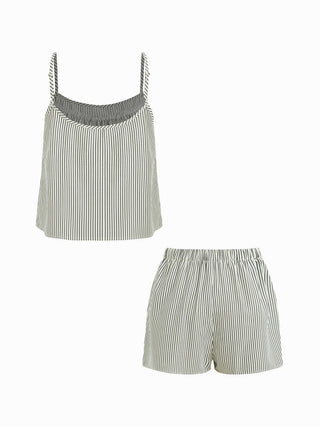 Cotton-blend U-neckline Stripe Lace Trim Cami Top & Mid Rise Elastic Waist Shorts Loungewear Set
