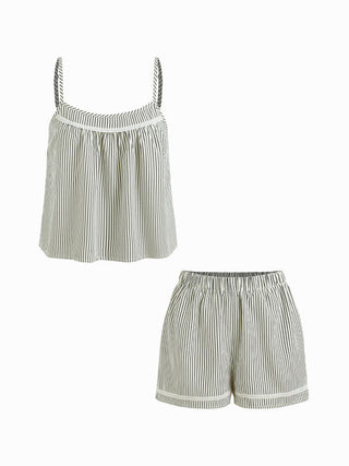 Cotton-blend U-neckline Stripe Lace Trim Cami Top & Mid Rise Elastic Waist Shorts Loungewear Set