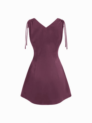 Satin V-neck Drawstring A-line Mini Dress